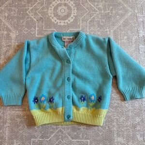 VintageGymboree Floral Cardigan Kids XS Blue Yellow Cotton Knit Sweater